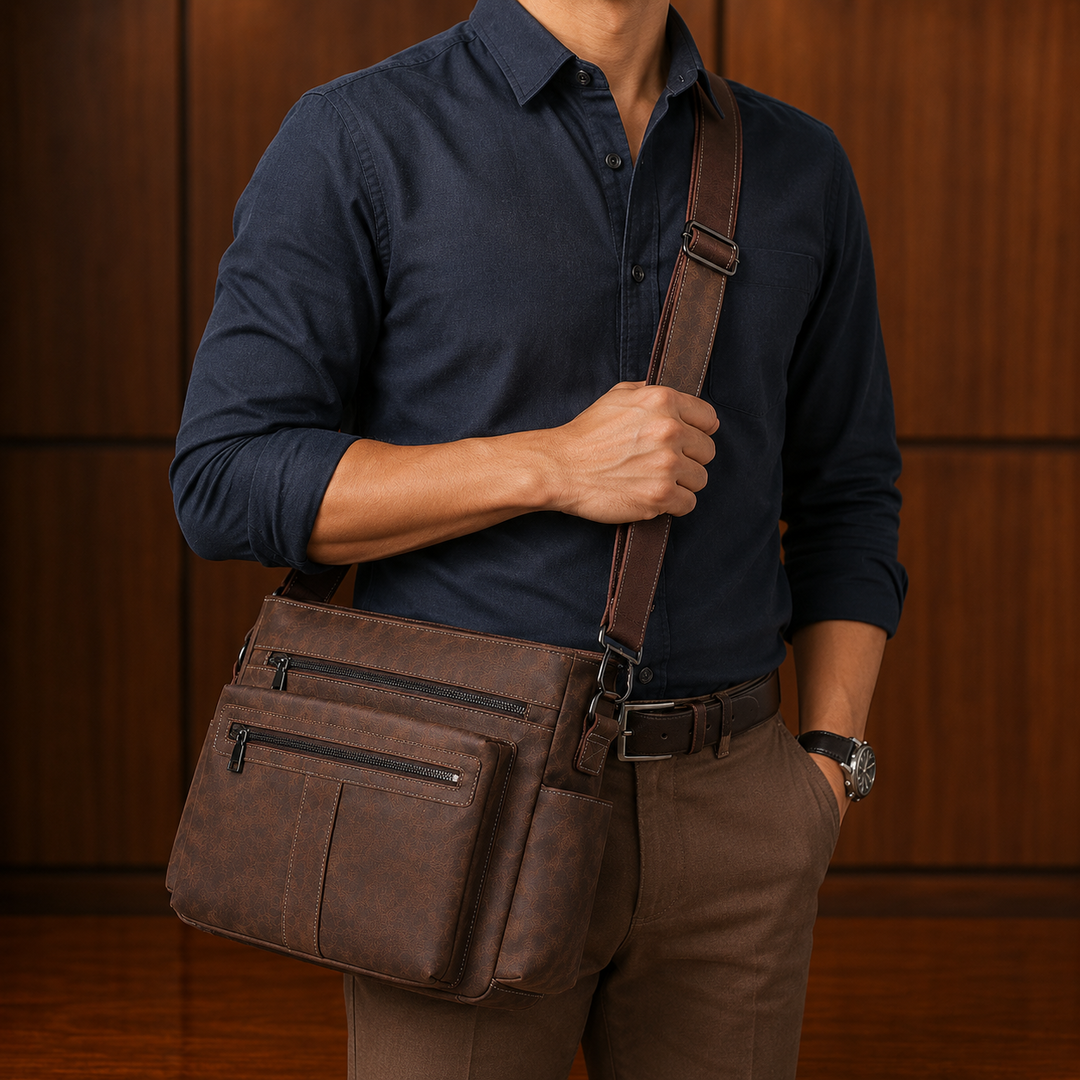 Zip-Front Leather Messenger Bag