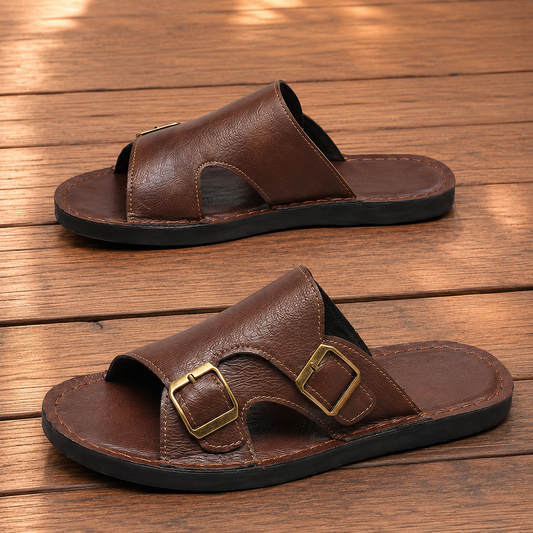 Buckled Leather Slide Sandals