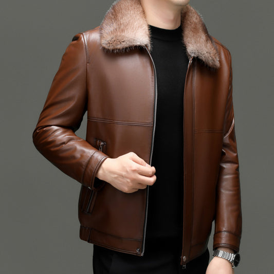 FUR-COLLARED LEATHER COAT
