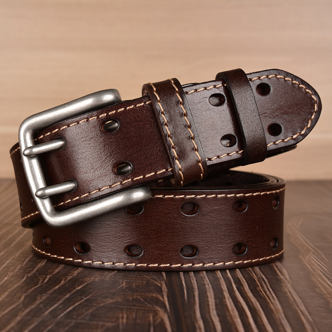 DOUBLE-NEEDLE LEATHER BELT