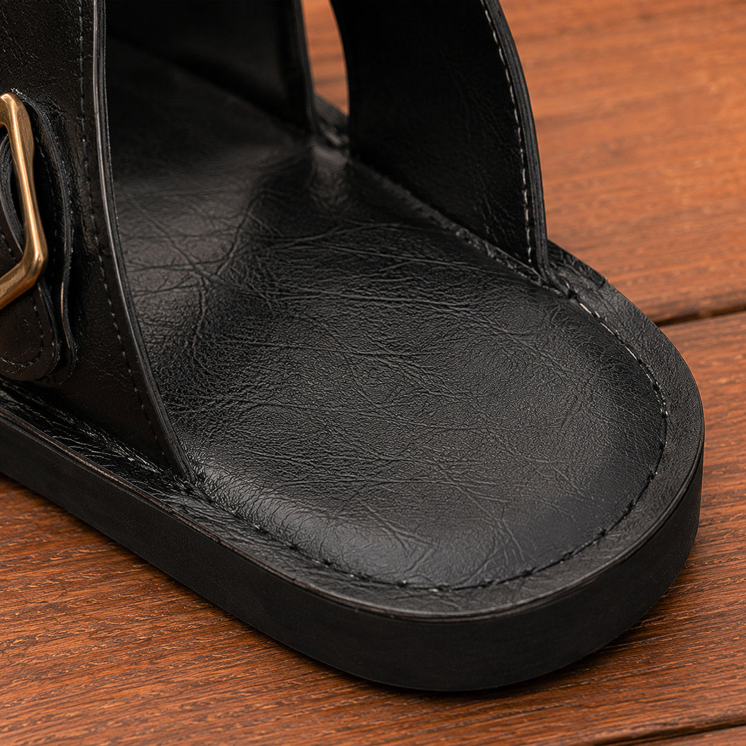 Buckled Leather Slide Sandals