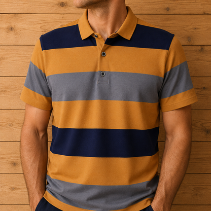Three-Button Striped Polo Shirt