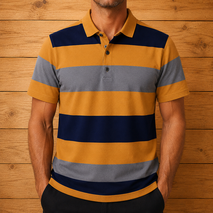Three-Button Striped Polo Shirt