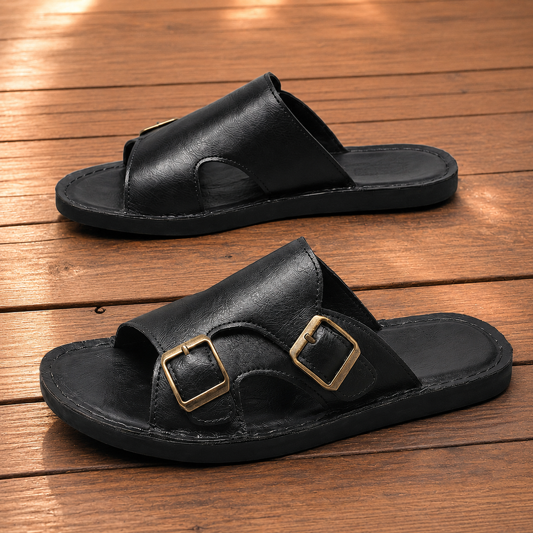 Buckled Leather Slide Sandals