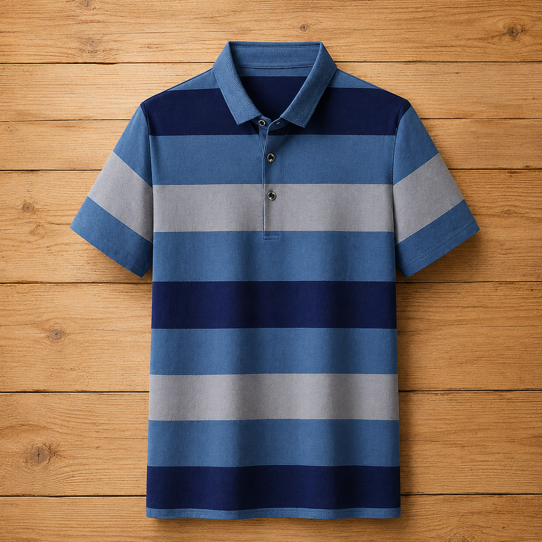 Three-Button Striped Polo Shirt