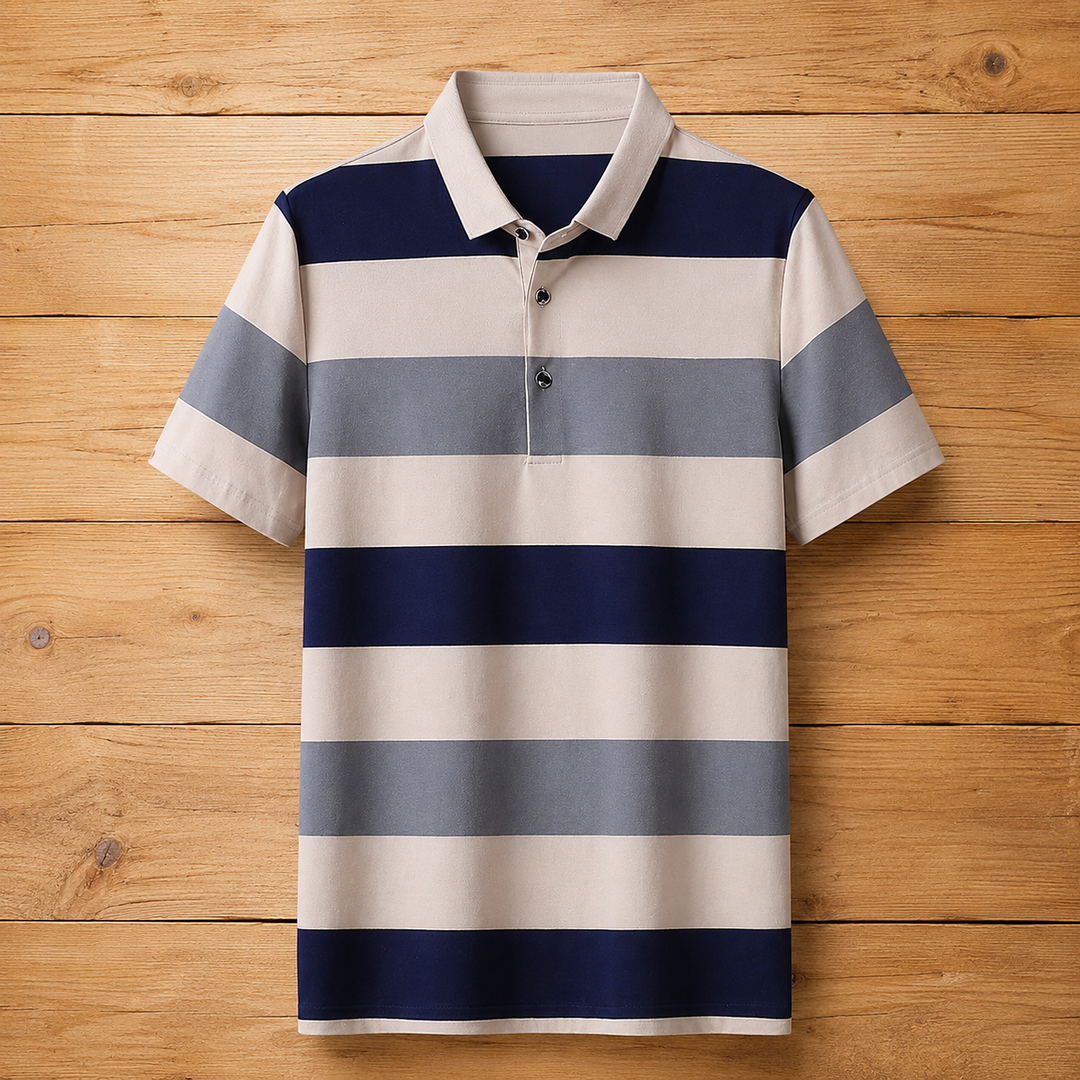 Three-Button Striped Polo Shirt
