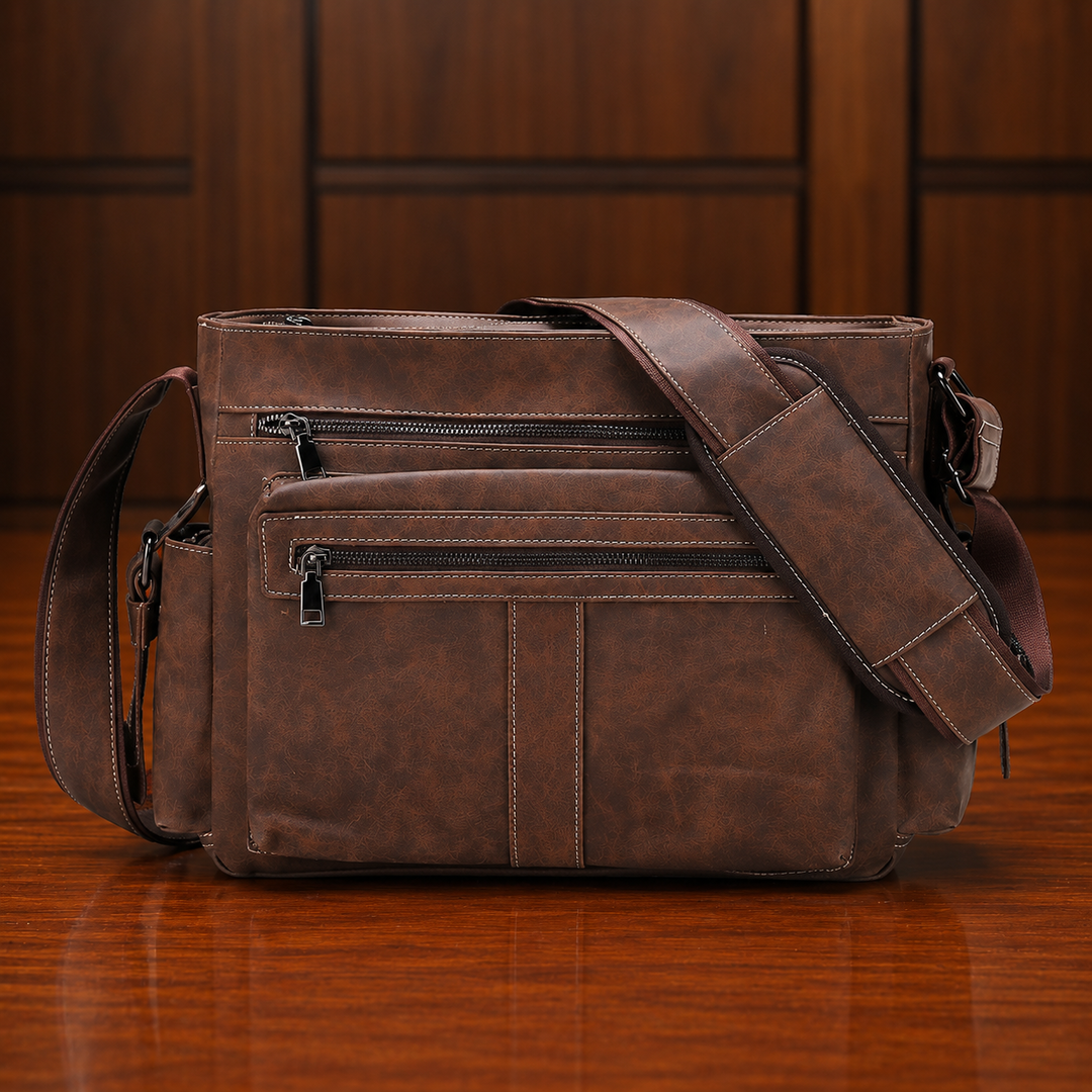 Zip-Front Leather Messenger Bag
