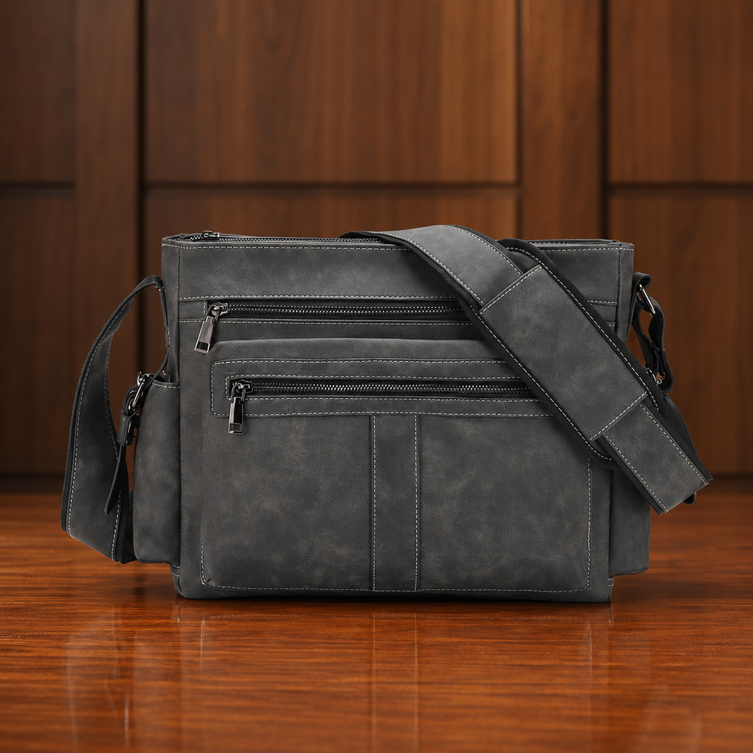 Zip-Front Leather Messenger Bag