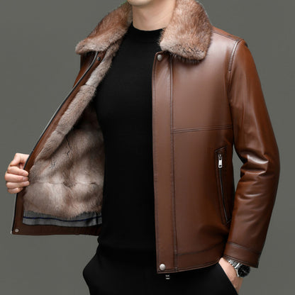 FUR-COLLARED LEATHER COAT