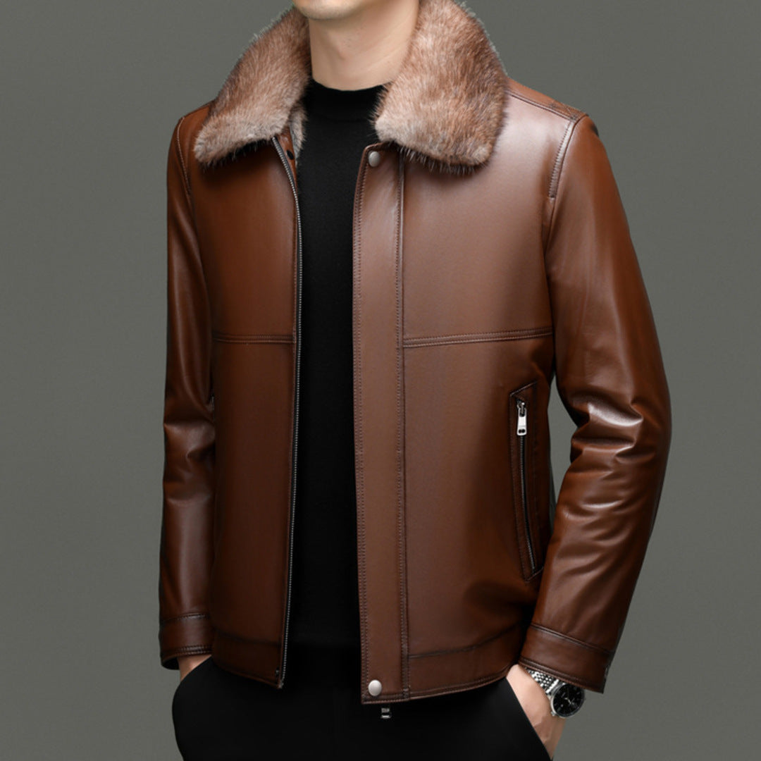 FUR-COLLARED LEATHER COAT