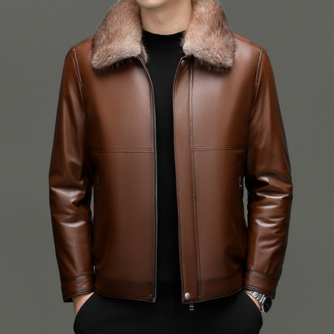 FUR-COLLARED LEATHER COAT