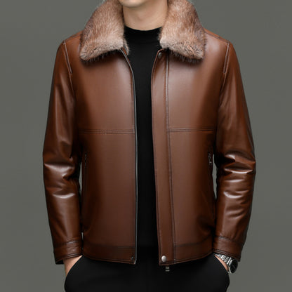 FUR-COLLARED LEATHER COAT